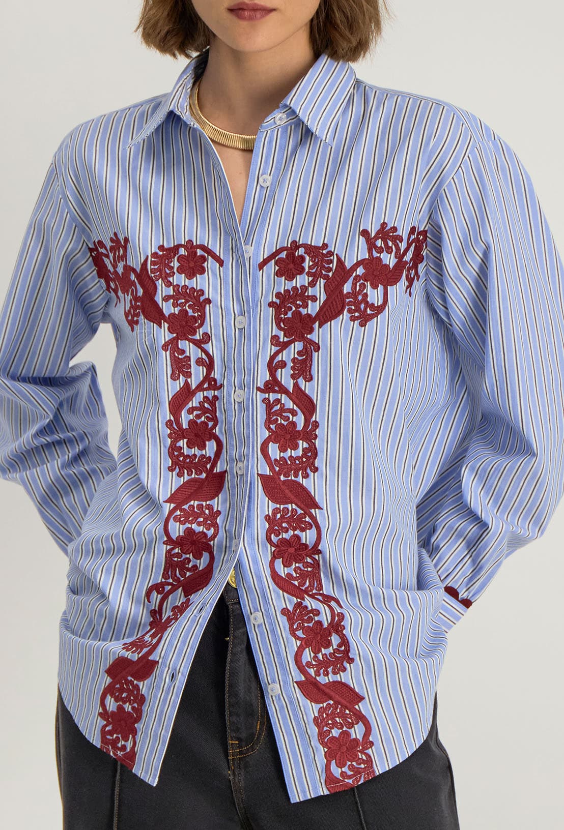 Détail des broderies fines sur la patte de boutonnage de la chemise Deliana