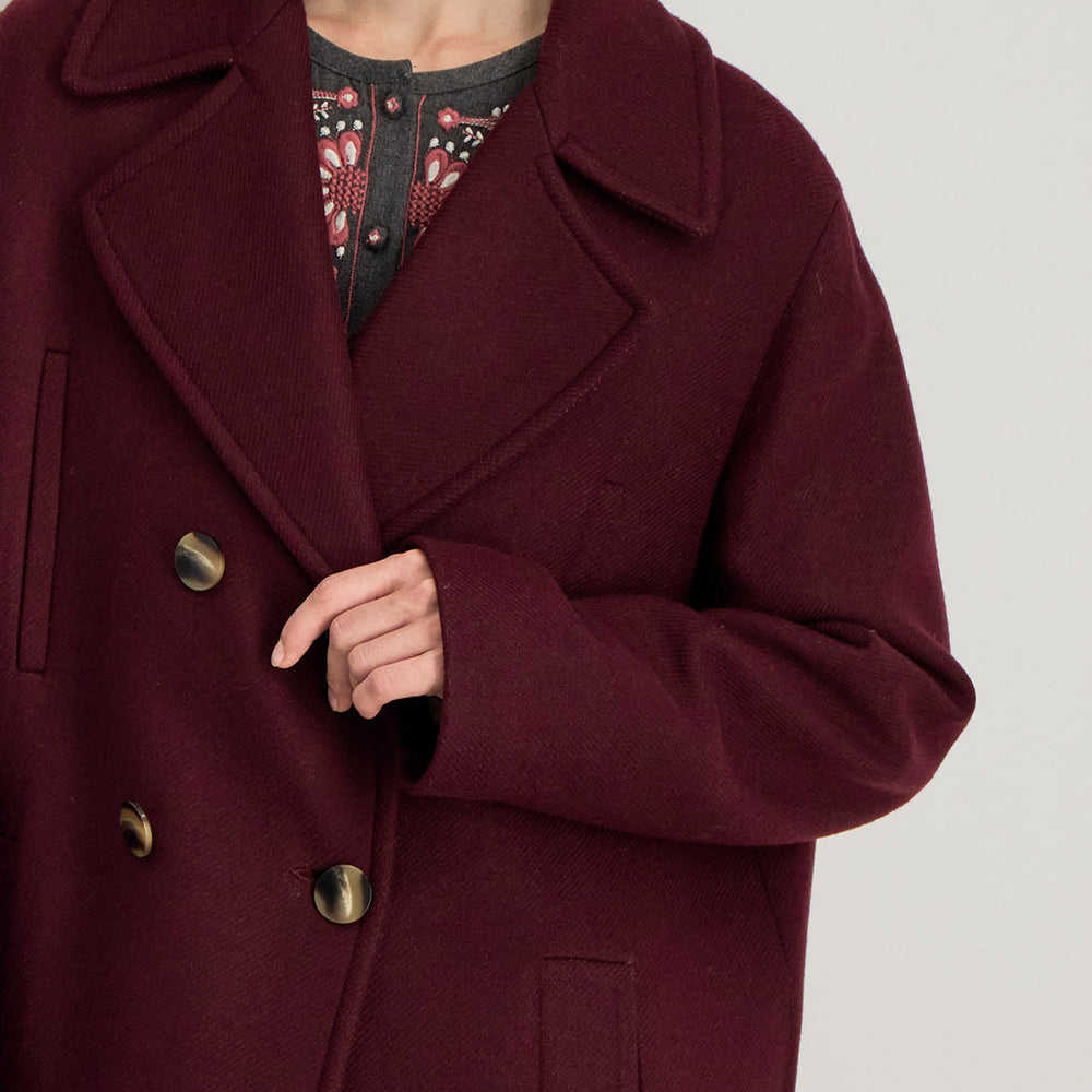 Détail du manteau Natalia : col à revers, boutons apparents et poches passepoilées