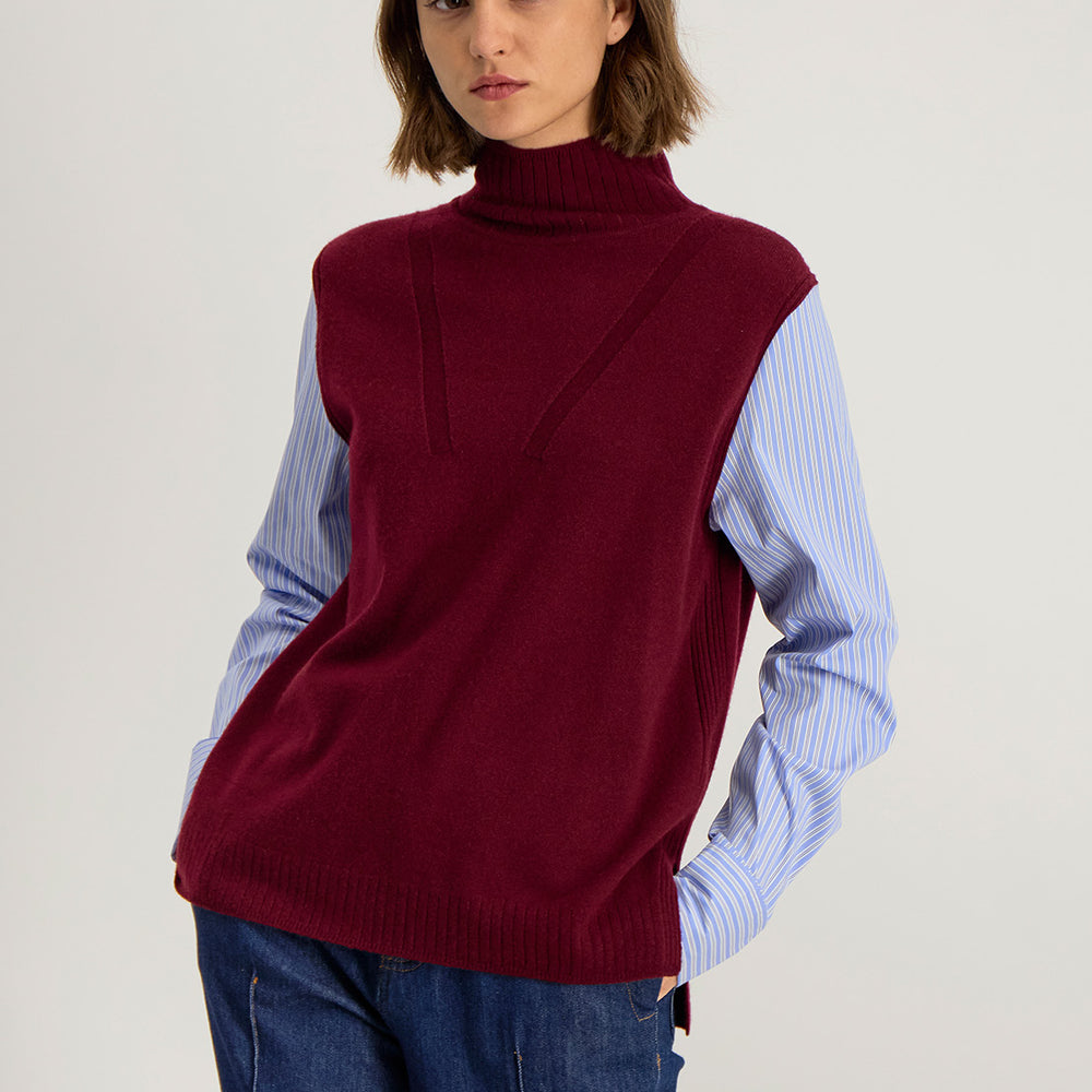 Pull femme Lita 2-en-1 vue 3/4, style layering avec manches chemise contrastantes