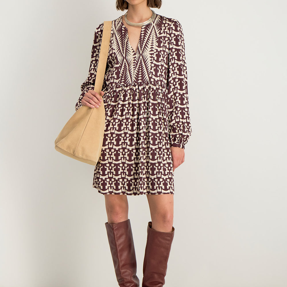 Robe chemise courte Azel pour femme, imprimé effet puzzle et col V