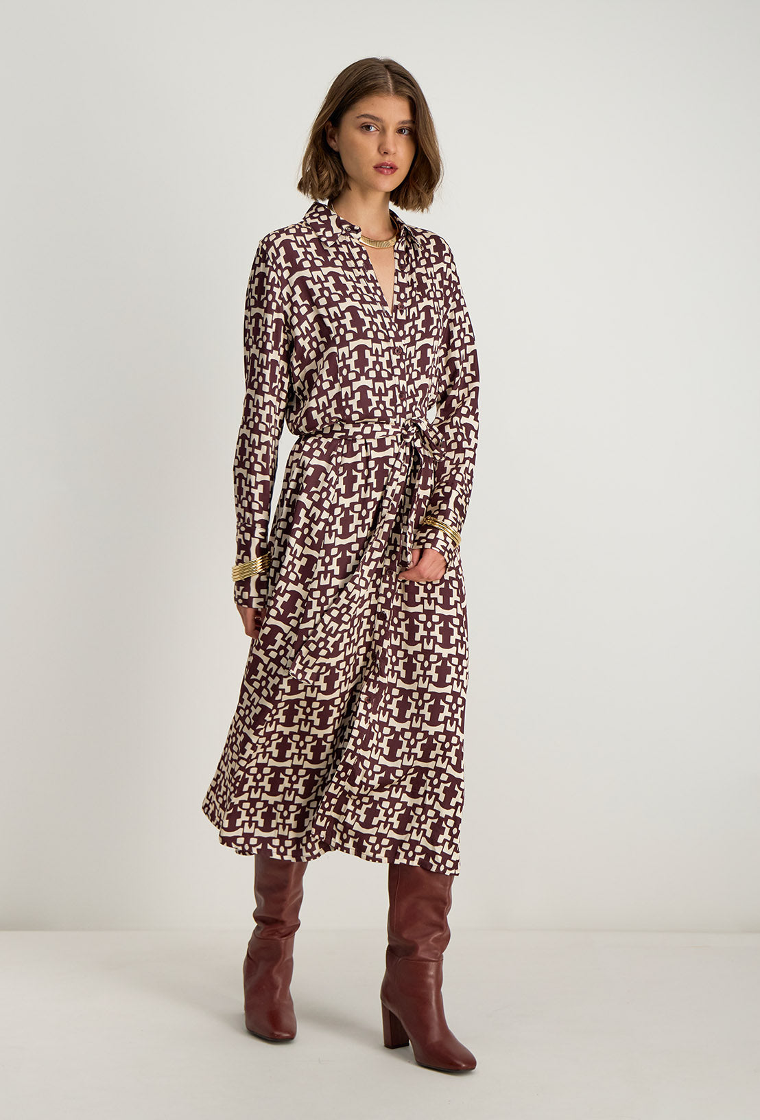 Robe chemise imprimée bordeaux Azel, imprimé puzzle, ceinture assortie amovible