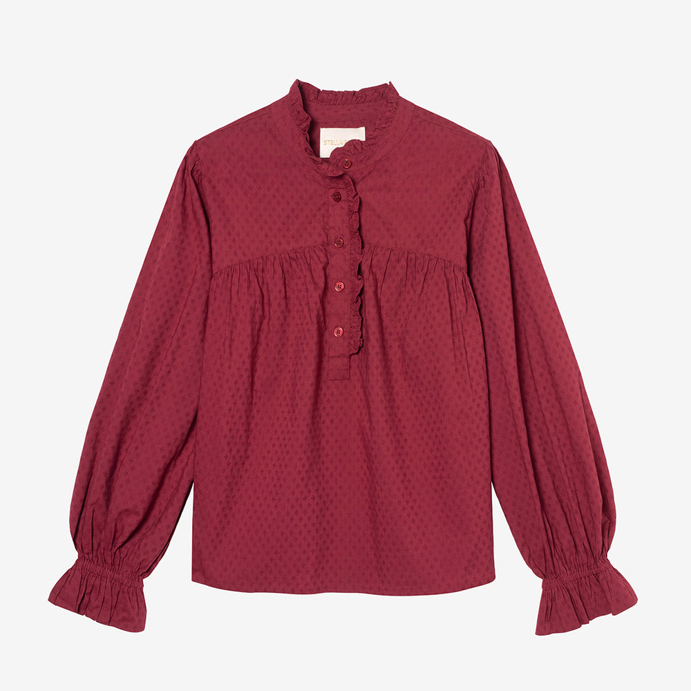 Tunique Hesme pour femme avec col mao à volants et patte de boutonnage élégante