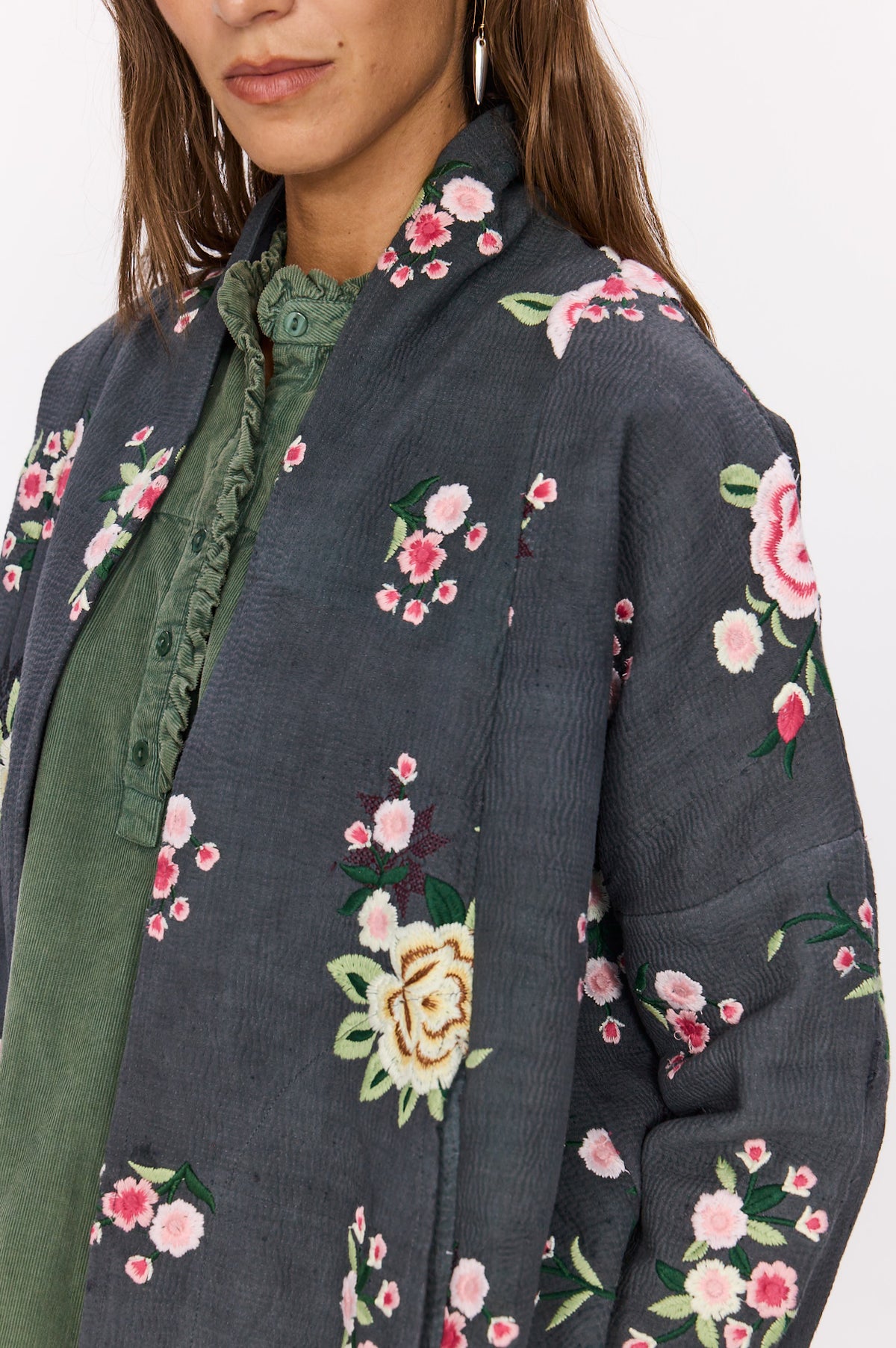 Gros plan sur le col châle et les broderies florales roses, crème et vertes du manteau kimono Jude. 