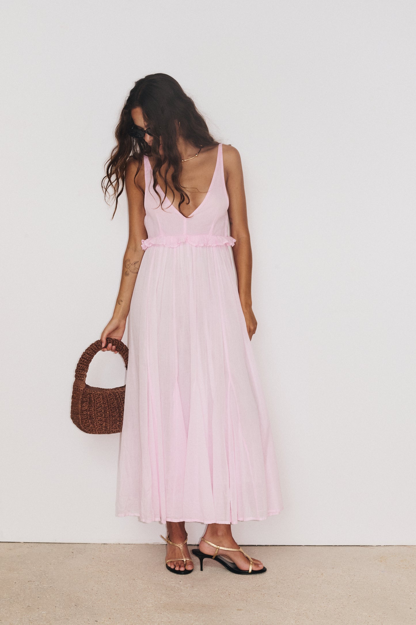 Robe longue Gaia blush Stella Forest en voile de coton, silhouette fluide bohème chic